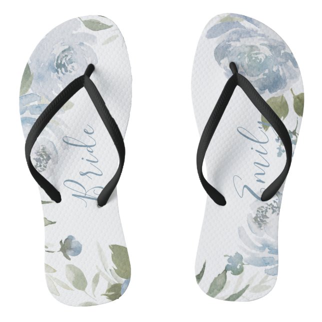 Personalized dusty blue botanical floral bride flip flops (Footbed)