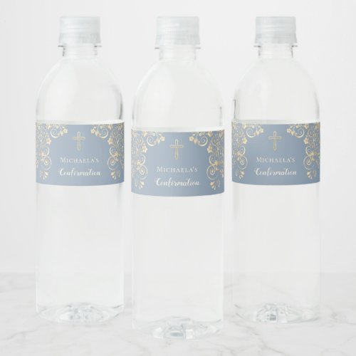 Personalized Dusty Blue Confirmation  Cross  Water Bottle Label