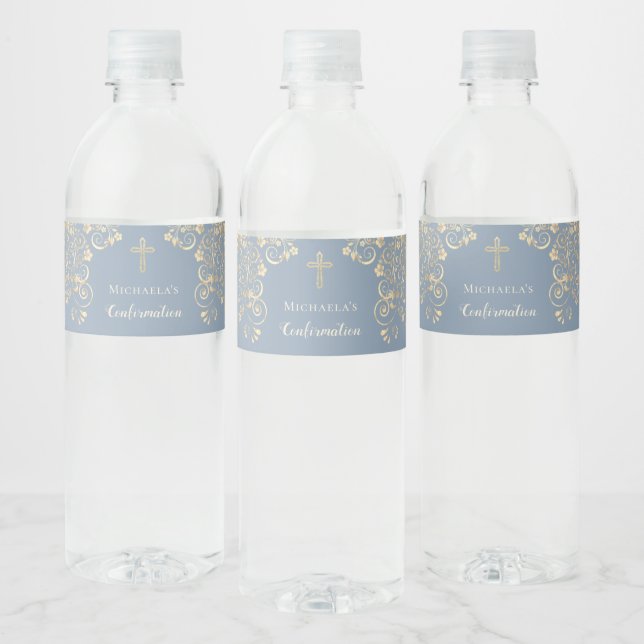 Personalized Dusty Blue Confirmation  Cross  Water Bottle Label (Bottles)