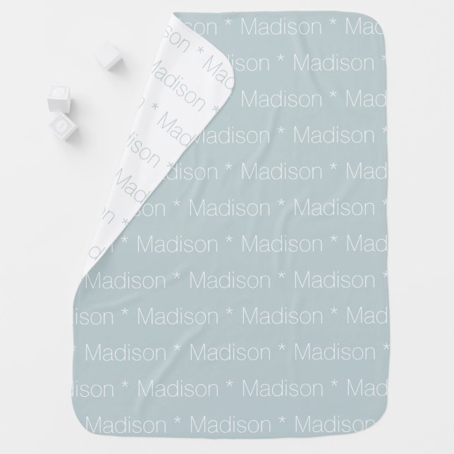 Personalized dusty blue custom name reversible baby blanket (In Situ)