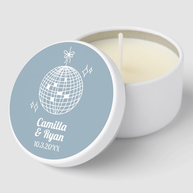 Personalized Dusty Blue Disco Ball Wedding Candles (Corner)