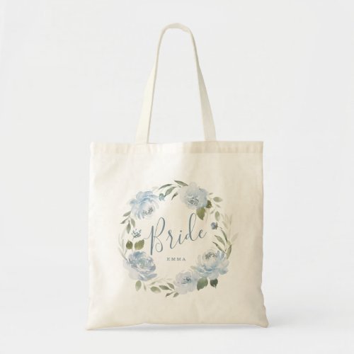 Personalized dusty blue floral bride tote bag