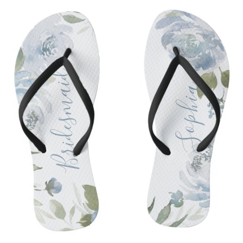 Personalized dusty blue floral bridesmaid flip flops