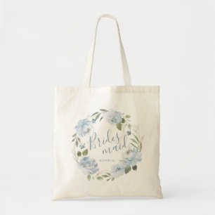 Personalized dusty blue floral bridesmaid tote bag