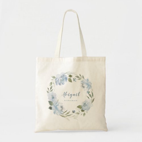 Personalized dusty blue floral bridesmaid tote bag