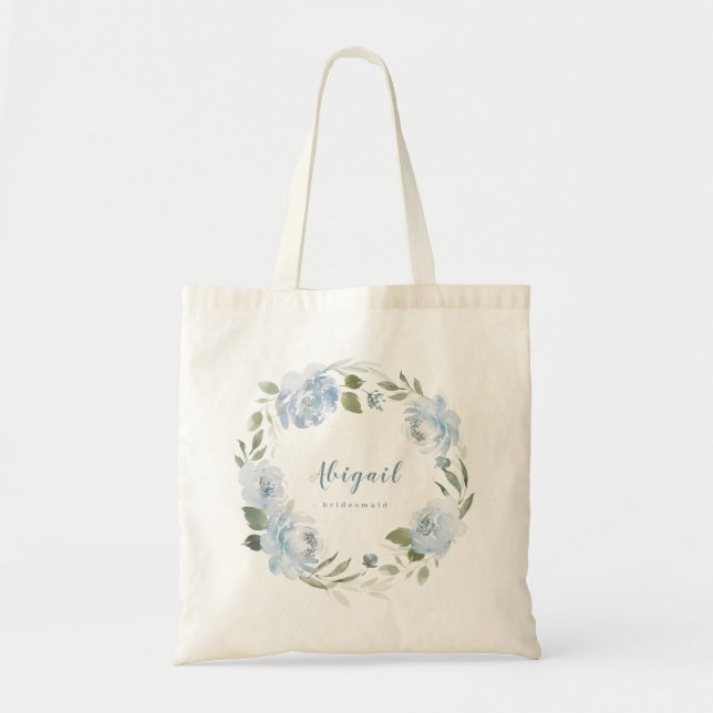Personalized dusty blue floral bridesmaid tote bag (Front)