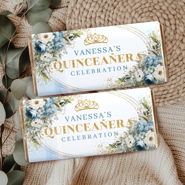 Personalized Dusty Blue Floral Gold Quinceañera  Hershey Bar Favors (Personalized Dusty Blue Floral Gold Quinceañera Hershey)