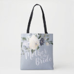 Personalized dusty blue floral mother of the bride tote bag<br><div class="desc">Watercolor botanical floral and greenery in soft yellow,  dusty blue,  and gray,  with customizable "mother of the bride" script and custom name on the back,  elegant and romantic,   great personalized gifts for mother of the bride.</div>