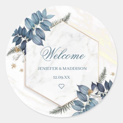 Personalized Dusty Blue Floral Wreath Wedding  Classic Round Sticker