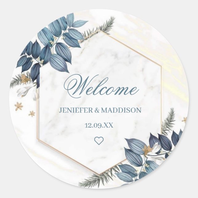 Personalized Dusty Blue Floral Wreath Wedding  Classic Round Sticker (Front)