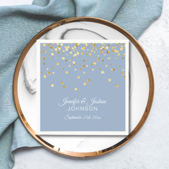 Personalized Dusty Blue Gold Confetti Wedding Napkins by UniqueWeddingShop at Zazzle