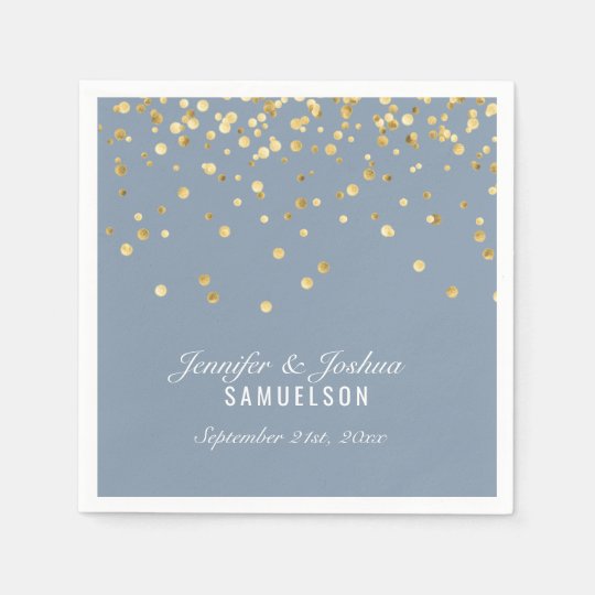 Personalized Dusty BLUE Gold Confetti Wedding Paper Napkin