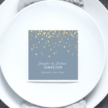 Personalized Dusty Blue Gold Confetti Wedding Paper Napkins by UniqueWeddingShop at Zazzle