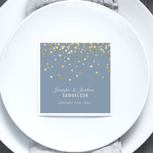 Personalized Dusty BLUE Gold Confetti Wedding Paper Napkins