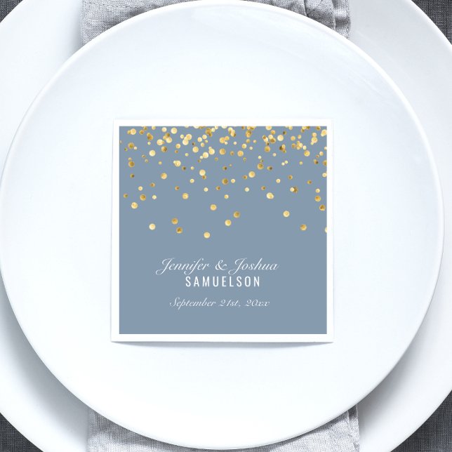 Personalized Dusty BLUE Gold Confetti Wedding Paper Napkins (Creator Uploaded)