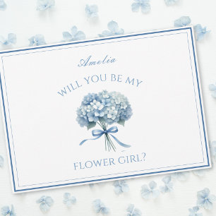 Personalized Dusty Blue Hydrangea Bow Flower Girl Card