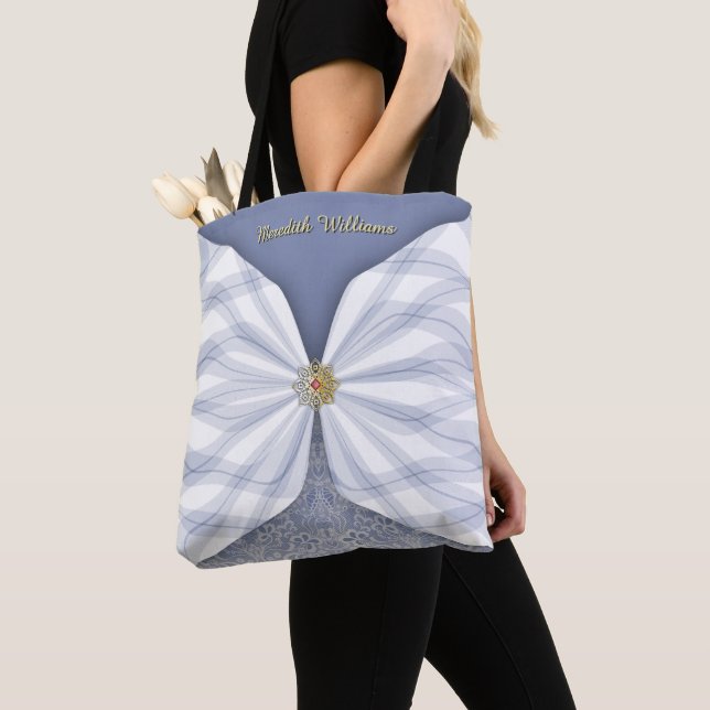 Personalized Dusty Blue Jewel Textile Illusion Tote Bag (Close Up)