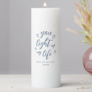 Personalized Dusty Blue Script Romantic Valentine Pillar Candle