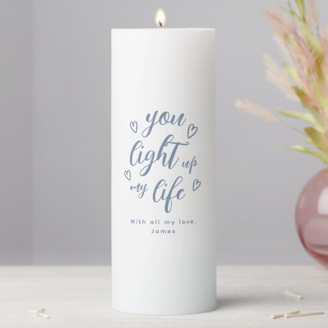 Personalized Dusty Blue Script Romantic Valentine Pillar Candle (In Situ)