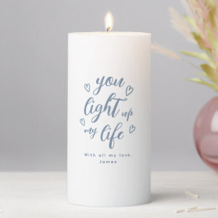 Personalized Dusty Blue Script Romantic Valentine Pillar Candle