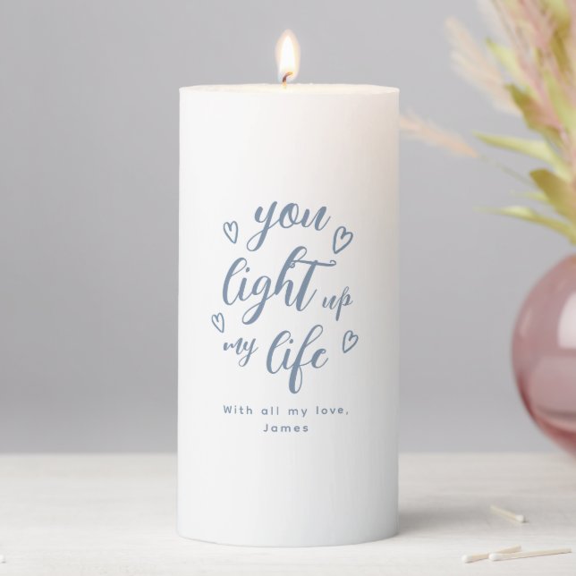 Personalized Dusty Blue Script Romantic Valentine Pillar Candle (In Situ)