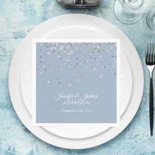 Personalized Dusty BLUE Silver Confetti Wedding Napkins