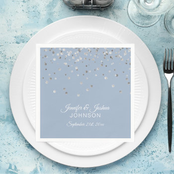 Personalized Dusty Blue Silver Confetti Wedding Napkins by UniqueWeddingShop at Zazzle