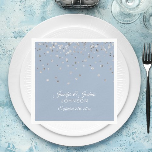 Personalized Dusty BLUE Silver Confetti Wedding Napkins