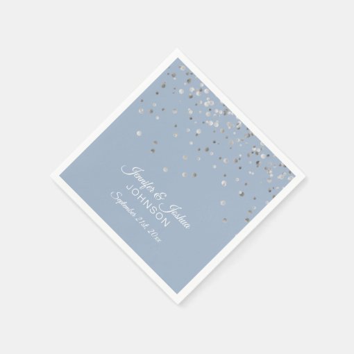 Personalized Dusty BLUE Silver Confetti Wedding Napkins | Zazzle