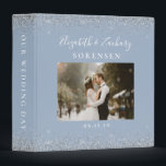 Personalized Dusty Blue Silver Glitter Photo 3 Ring Binder<br><div class="desc">An elegant binder album for your wedding photos. Personalize it with your favorite photo and the names of the couple in white handwriting script and serif fonts on a dusty blue background, with silver faux glitter borders at the top and bottom. "Our Wedding Day" or other wording of your choice...</div>