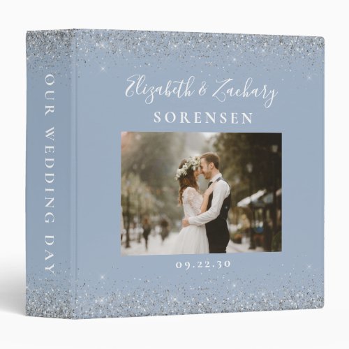 Personalized Dusty Blue Silver Glitter Photo 3 Ring Binder