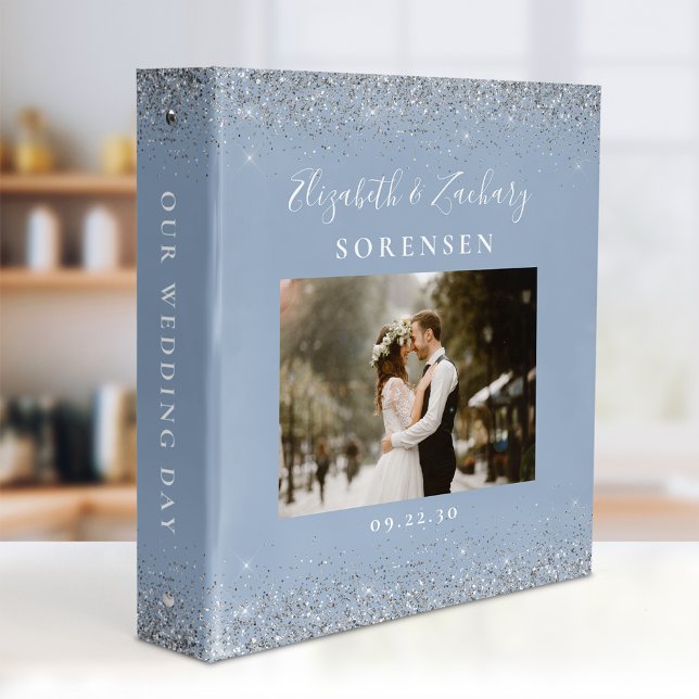 Personalized Dusty Blue Silver Glitter Photo 3 Ring Binder (Creator Uploaded)