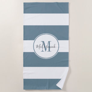 Personalized Dusty Blue Stripes Hand Lettered Beach Towel