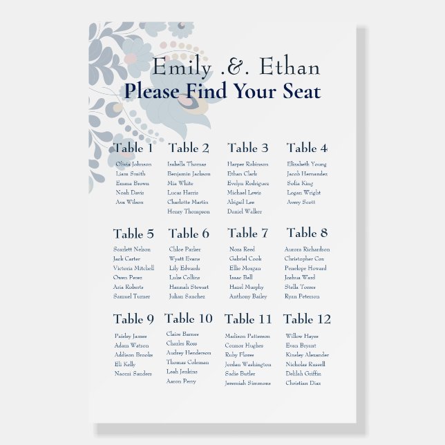 Personalized Dusty Blue Wedding Seating Chart Foam Board (Front)