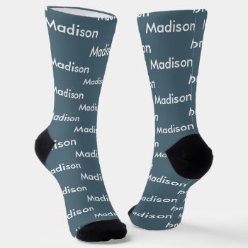 Personalized Dusty Blue White Name Pattern Socks by JennLenayDesigns at Zazzle