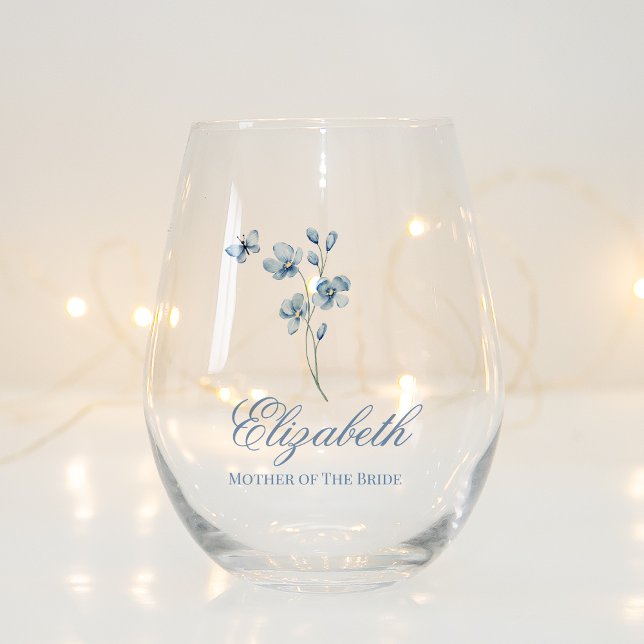 Personalized Dusty Blue Wildflower Bridal Shower Stemless Wine Glass (Creator Uploaded)