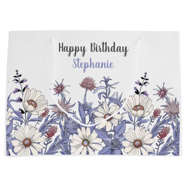 Personalized Dusty Blue  Wildflowers  Large Gift Bag (Front)