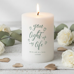 Personalized Dusty Green Script Romantic Valentine Pillar Candle