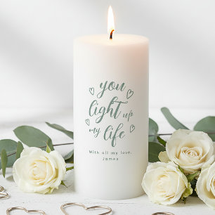Personalized Dusty Green Script Romantic Valentine Pillar Candle