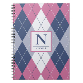 Personalized Dusty Pink & Navy Blue Preppy Argyle Notebook