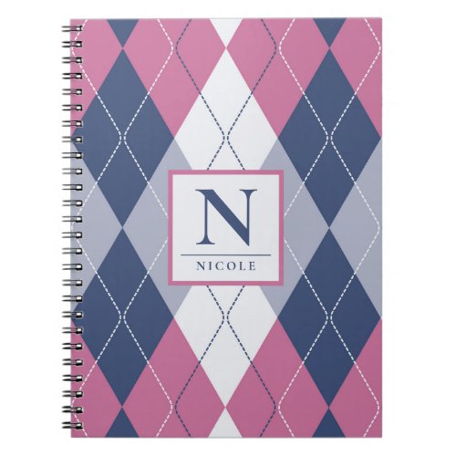 Personalized Dusty Pink  Navy Blue Preppy Argyle Notebook