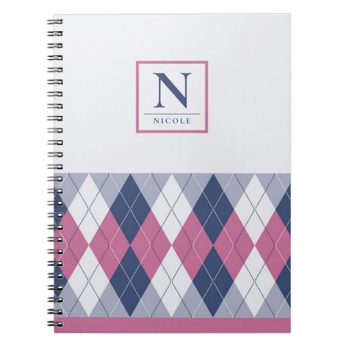 Personalized Dusty Pink  Navy Blue Preppy Argyle  Notebook