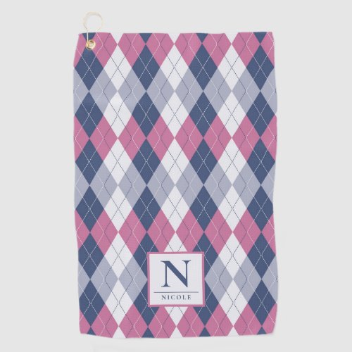 Personalized Dusty Pink  Slate Blue Navy Argyle Golf Towel