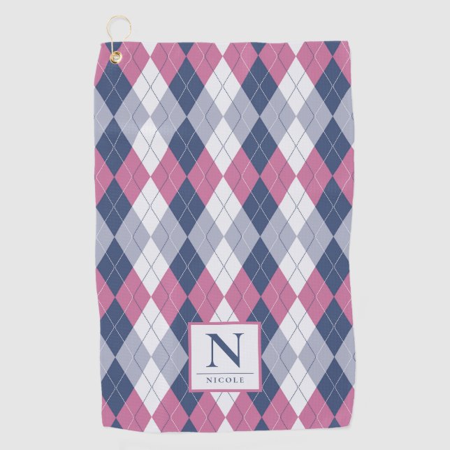 Personalized Dusty Pink & Slate Blue Navy Argyle Golf Towel (Front)