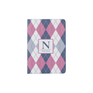 Personalized Dusty Pink Slate Blue Navy Argyle Passport Holder