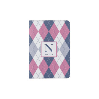 Personalized Dusty Pink Slate Blue Navy Argyle Passport Holder