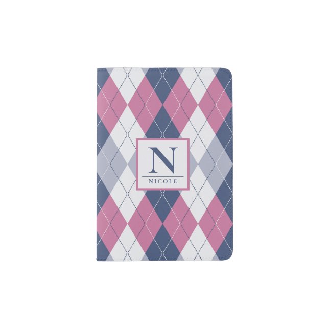 Personalized Dusty Pink Slate Blue Navy Argyle Passport Holder (Front)