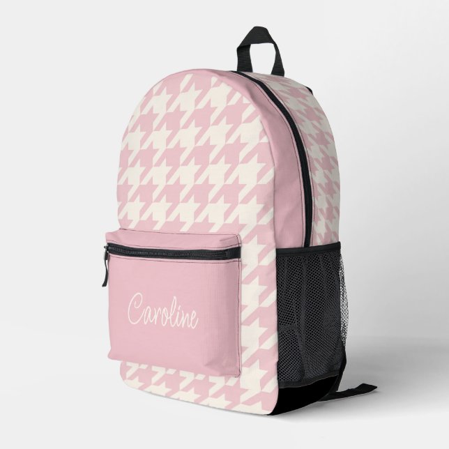 Personalized Dusty Rose Blush Pink Houndstooth Printed Backpack (Back Corner Right)