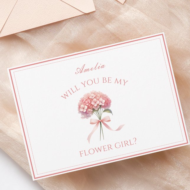 Personalized Dusty Rose Hydrangea Bow Flower Girl Card (Personalized flower girl card with a pink hydrangea design, perfect for a romantic garden wedding.)