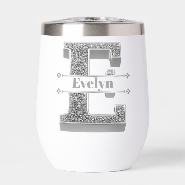 Personalized E Initial Silver Monogram Your Name Thermal Wine Tumbler (Front)